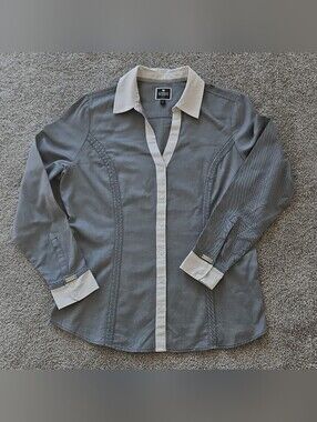Express Gray White Striped Woven Collared Long Sleeve Button-Up Blouse L